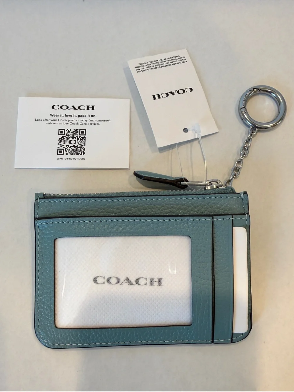 NWT Coach Pebble Leather Essential Mini ID Card Case with Key Ring-LH/Aquamarine - Picture 2 of 4